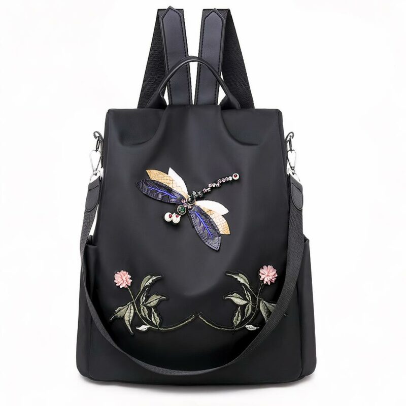 Sac à dos brodé motif fleur et papillon pour femme noir à la mode