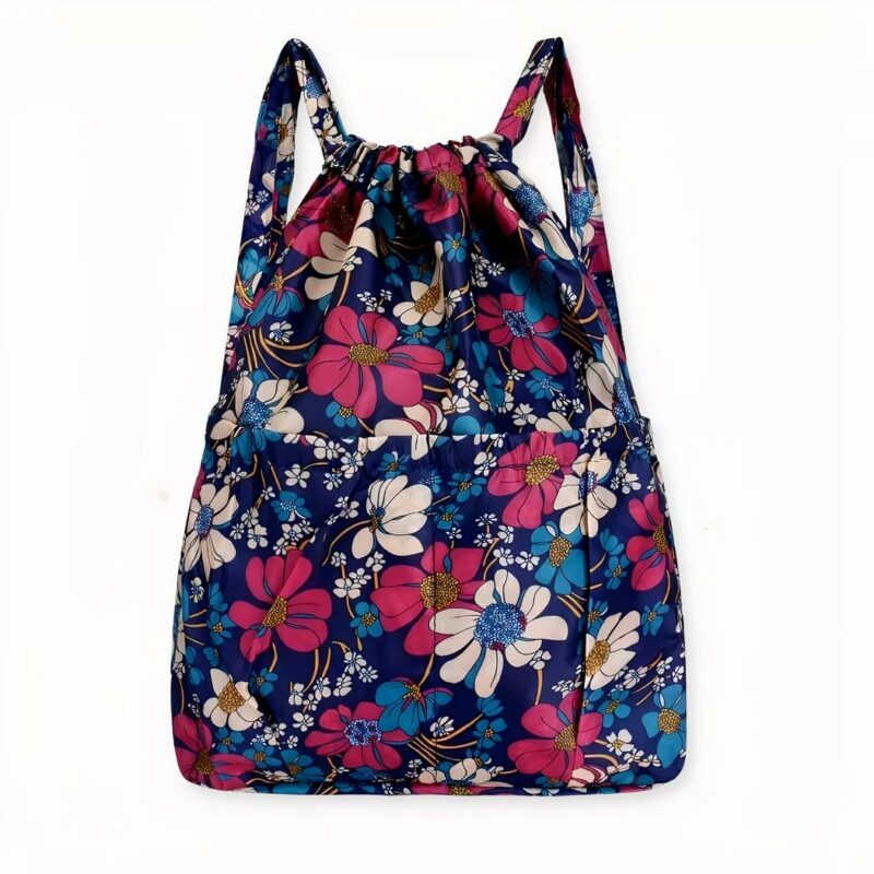 sac à dos vintage à cordon de serrage grande capacité, sur fond gris clair.