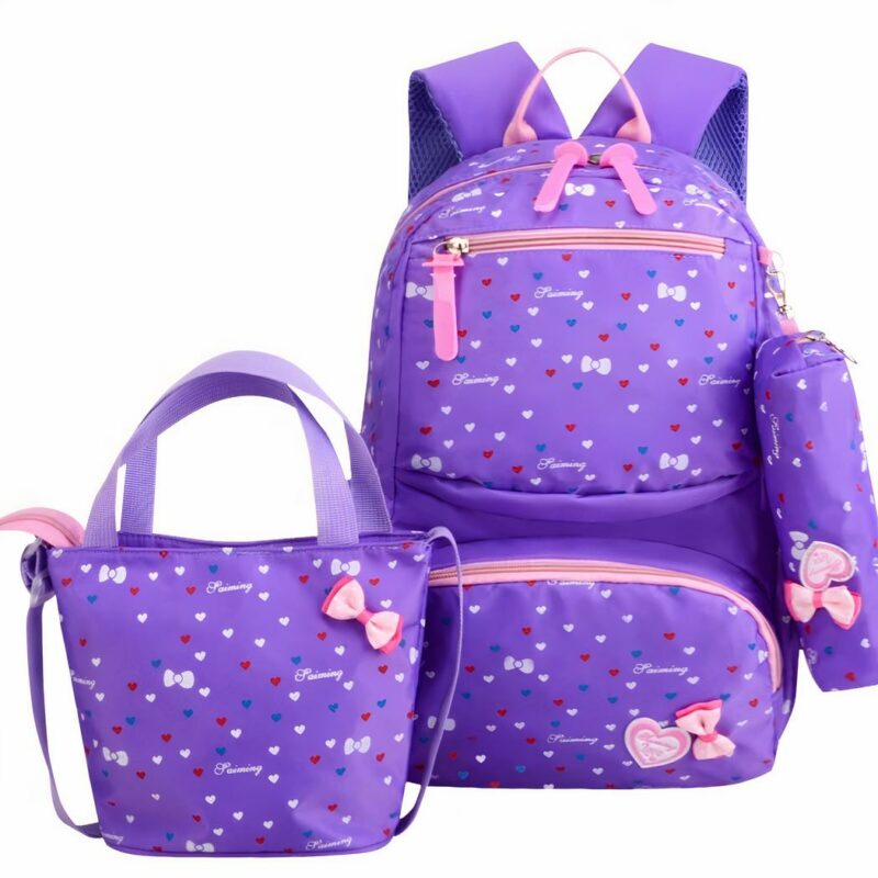 Lot de 02 sacs colorés à motif nœud et cœur violet avec un fond blanc