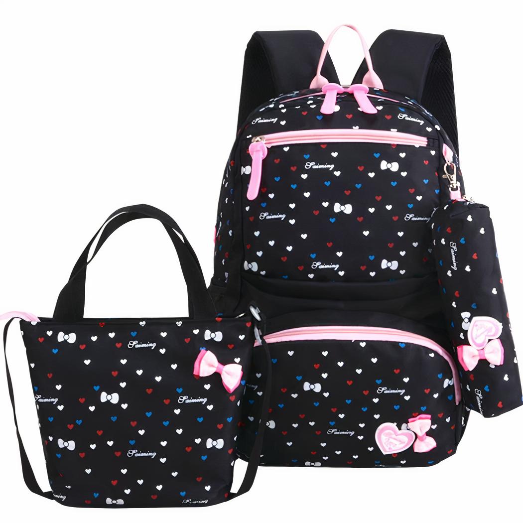 Lot de 02 sacs colorés à motif nœud et cœur noir et rose avec un fond blanc