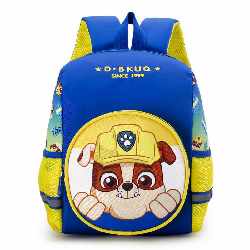 Sac à dos Pat Patrouille en flanelle bleu et jaune avec un fond blanc
