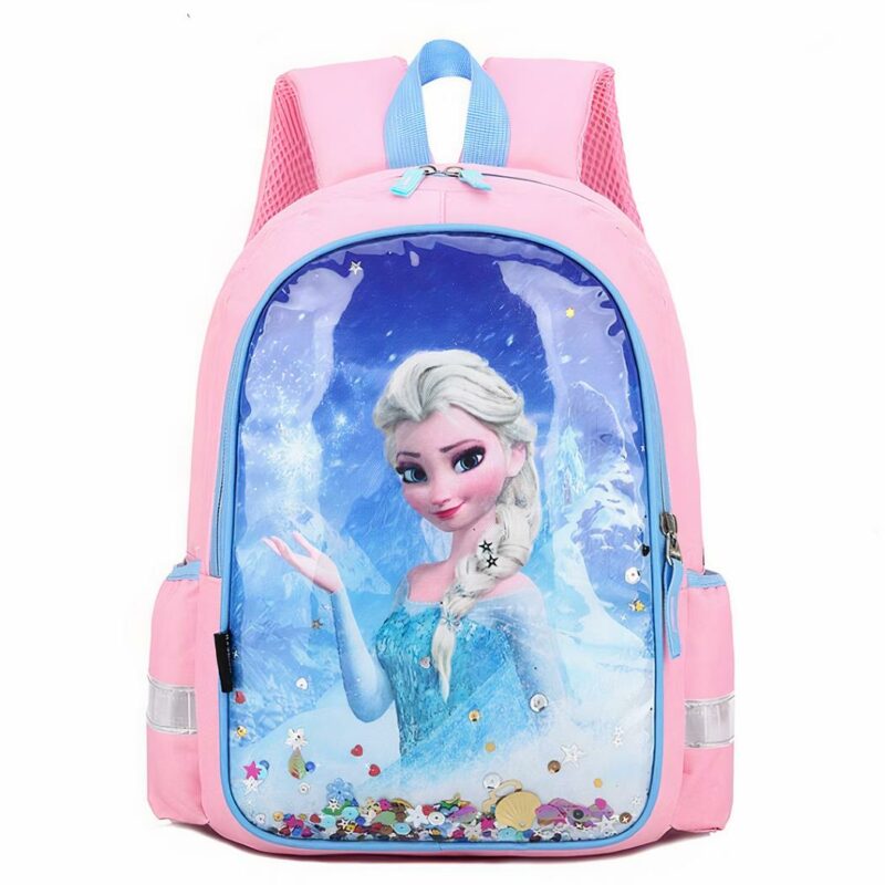 Sac à dos d'école à motif Elsa pour fille rose et bleu avec un fond blanc