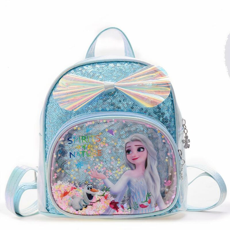Sac à dos à paillettes la reine des neiges Elsa bleu avec un fond blanc