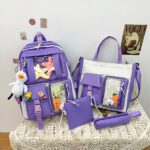 Sac à dos en tissu Oxford quatre pièces avec porte-clés peluche violet