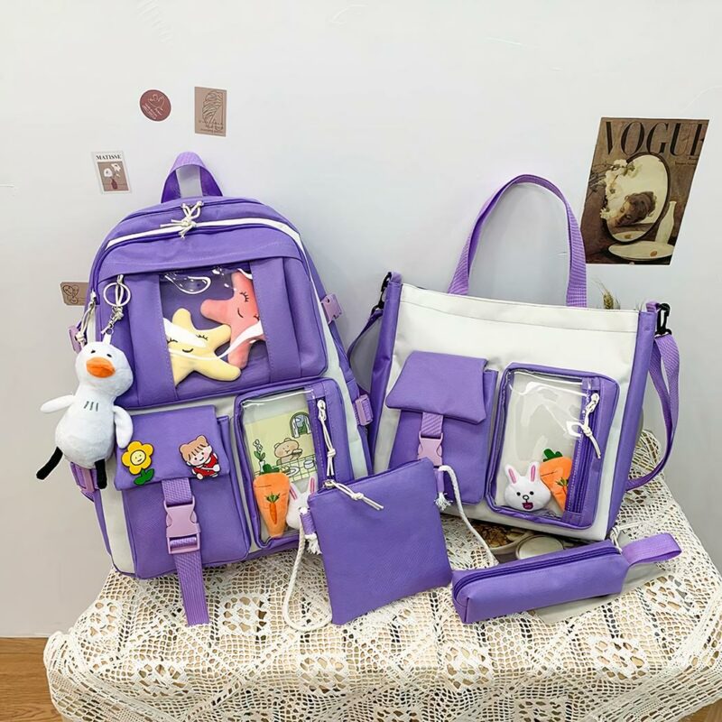 Sac à dos en tissu Oxford quatre pièces avec porte-clés peluche violet