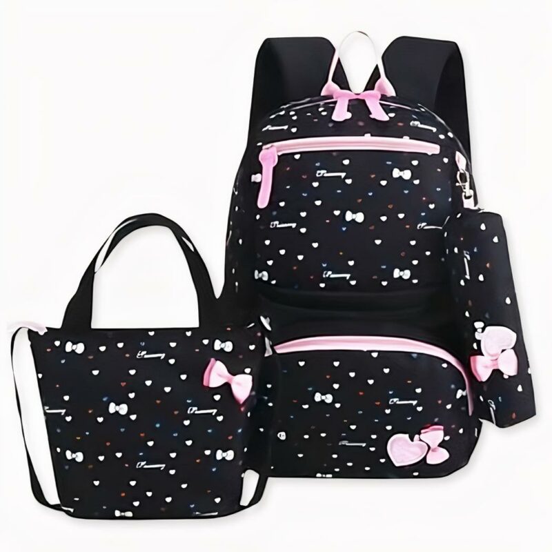 Lot de 3 sacs à motif nœud et cœur avec fermeture en rose. Bonne qualité et très à la mode.