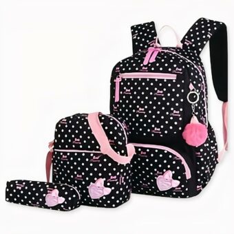 Lot de 02 sacs et une trousse motif pois avec pendentif pompon noir avec des petits points blanc. Bonne qualité et très à la mode.