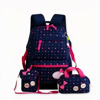 Lot de 03 sacs à motif noeud avec fermeture coloré bleu avec points en rose et lacet. Bonne qualité et très pratique.