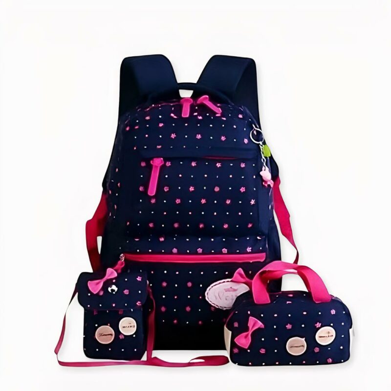 Lot de 03 sacs à motif noeud avec fermeture coloré bleu avec points en rose et lacet. Bonne qualité et très pratique.