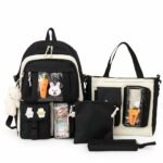 Sac à dos à multipoches pour adolescente noir et beige avec motif