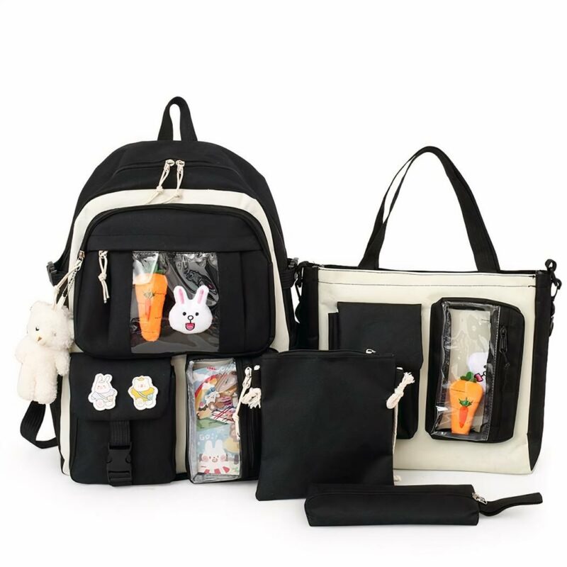 Sac à dos à multipoches pour adolescente noir et beige avec motif