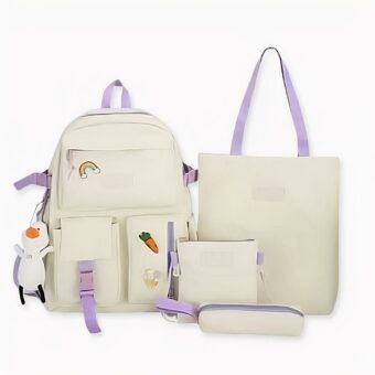 Sac à dos 4 pièces à joli motif avec pendentif canard, blanc et violet. Bonne qualité et très tendance.
