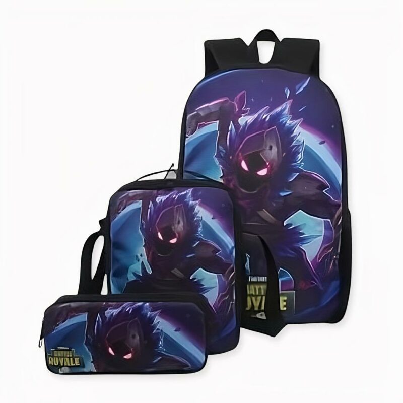 Sac à dos Fortnite 3 pièces violet avec motif devant. Bonne qualité et très pratique.