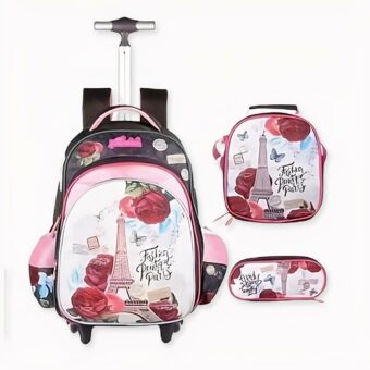 Sac à dos à roulettes motif Tour Eiffel pour filles. Bonne qualité et très pratique.
