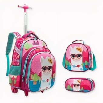 Sac à dos à roulettes motif lama pour fille coloré avec lunettes. Bonne qualité et très tendance.