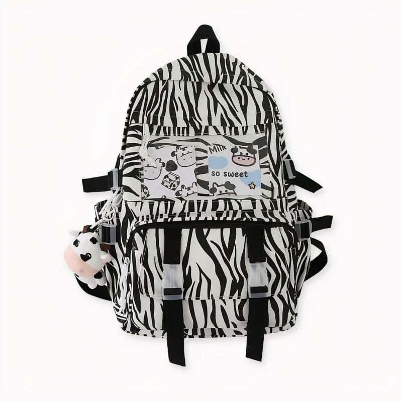 Sac à dos imprimé zèbre à joli motif sur le dos d'une fille. Bonne qualité et très tendance.