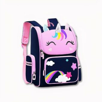 Sac à dos licorne motif étoiles et arc-en-ciel pour filles bleu et rose.