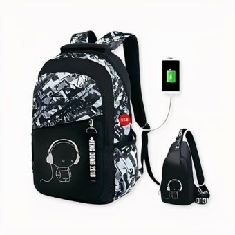 Sac à dos motif graffiti avec port USB pour garçon en noir.