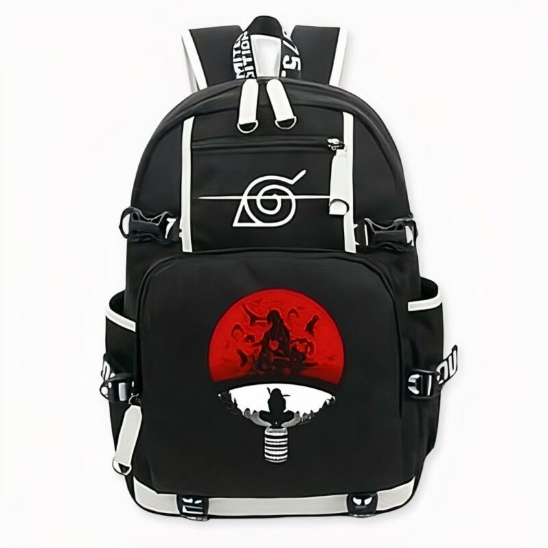 Sac à dos noir avec un logo de clan Uchiwa et poches laterales.