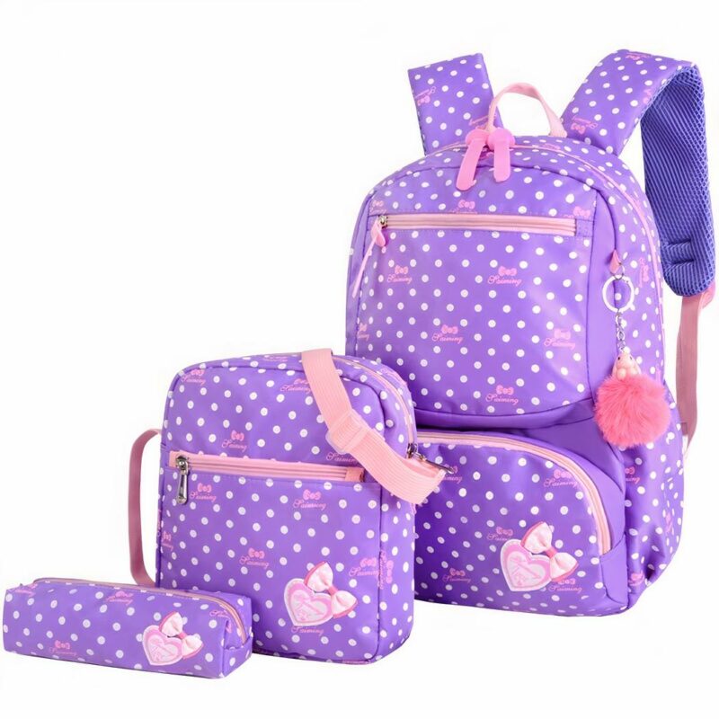 Lot de 02 sacs et une trousse motif pois avec pendentif pompon violet avec un fond blanc