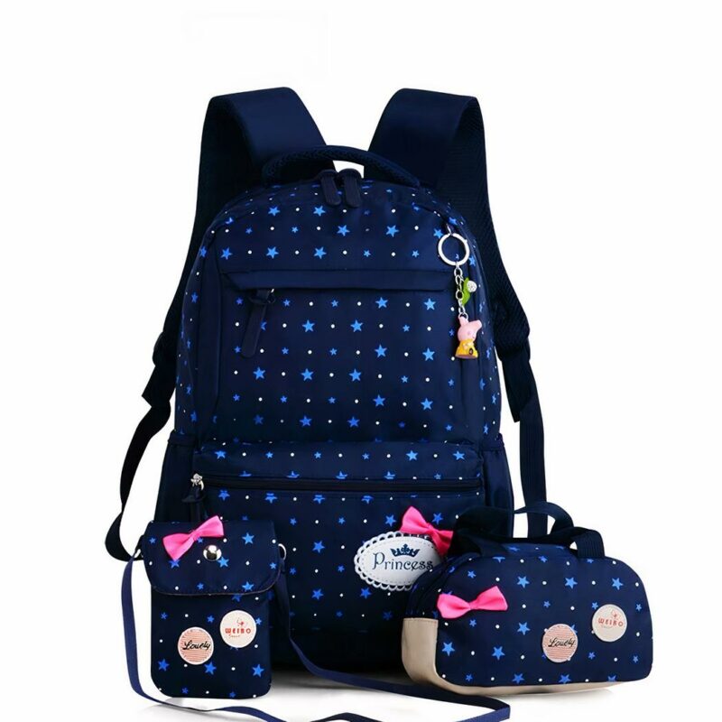 Lot de 03 sacs étoilés à motif noeud bleu avec points et lacet rose