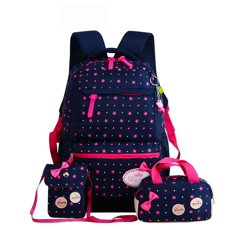 Lot de 03 sacs à motif noeud avec fermeture coloré bleu avec points en rose et lacet