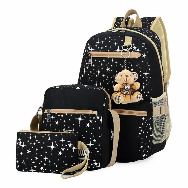 Sac à dos motif étoiles avec pendentif ours noir avec un fond blanc