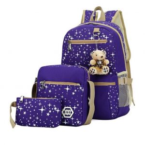 Sac à dos motif étoiles avec pendentif ours avec une trousse, bandoulière violet complet à la mode