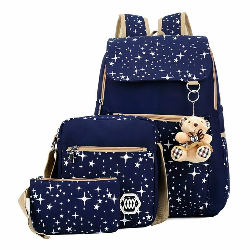 Sac à dos motif étoile avec porte-clés ours bleu et marron avec un fond blanc