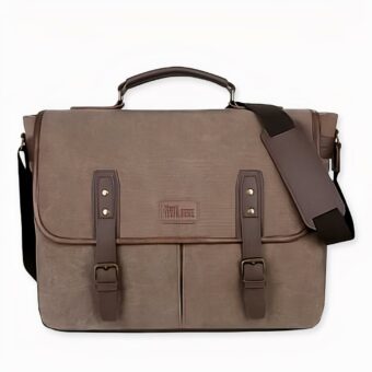 Sac à bandoulière style vintage 14 pouces pour ordinateur marron avec un fond blanc marron, bonne qualité et très tendance.