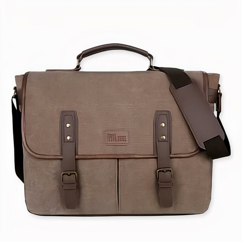Sac à bandoulière style vintage 14 pouces pour ordinateur marron avec un fond blanc marron, bonne qualité et très tendance.