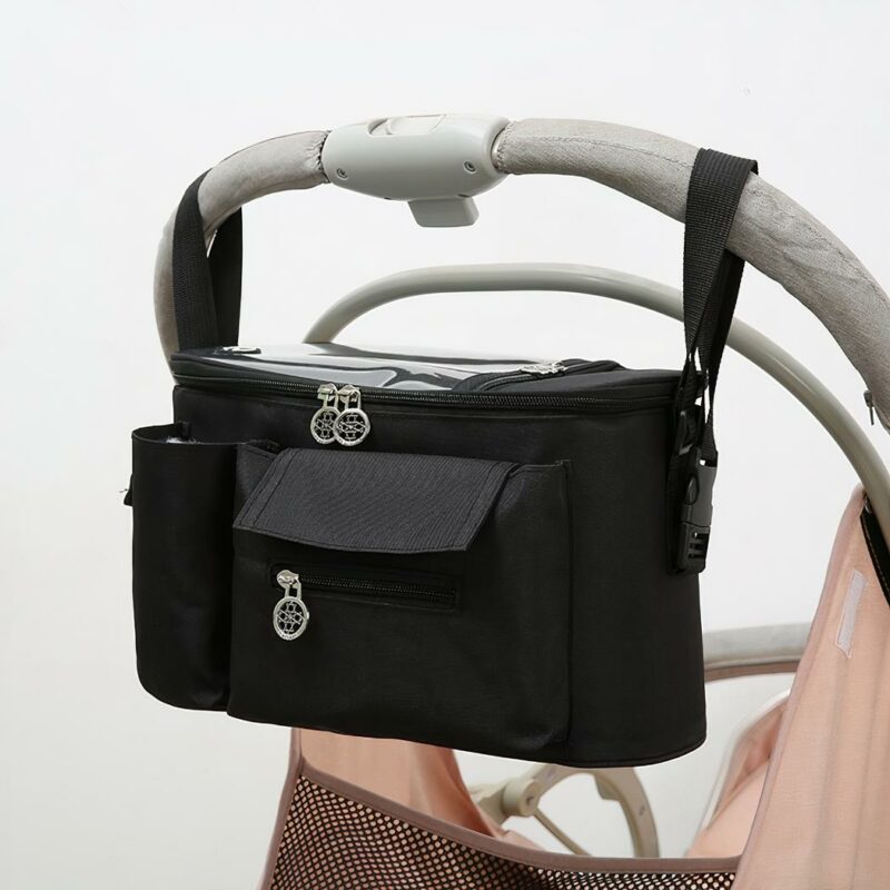 Sac de rangement accessoire pour poussette bébé noir avec un fond une poussette