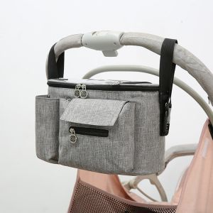 Sac de rangement accessoire pour poussette bébé gris avec pochette