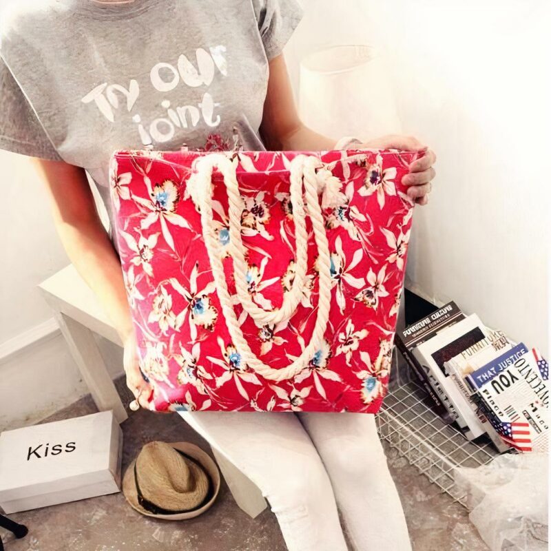 Sac cabas floral de plage pour femme rouge avec motifs
