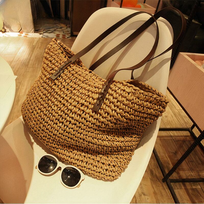 Sac de plage bohème en paille tressé pour femme avec lunettes