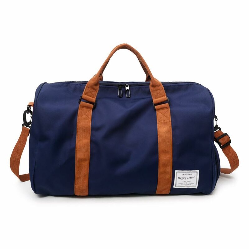 Sac de voyage grande capacité avec bandoulière marron bleu et marron avec un fond blanc