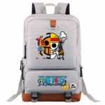 Sac à dos One Piece Luffy pour enfants gris avec des images de One piece et un fond blanc