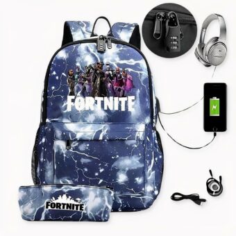 Sac à dos Fortnite avec trousse assortie et chargeur USB, bonne qualité et très tendance.
