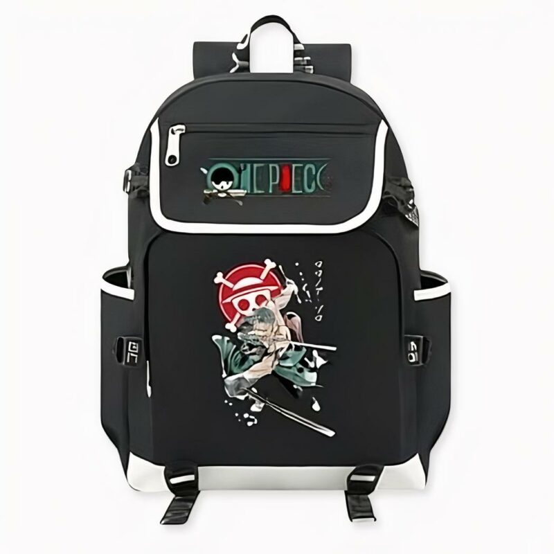 Sac à dos Roronoa Zoro One Piece noir avec motifs devant. Bonne qualité et très à la mode.