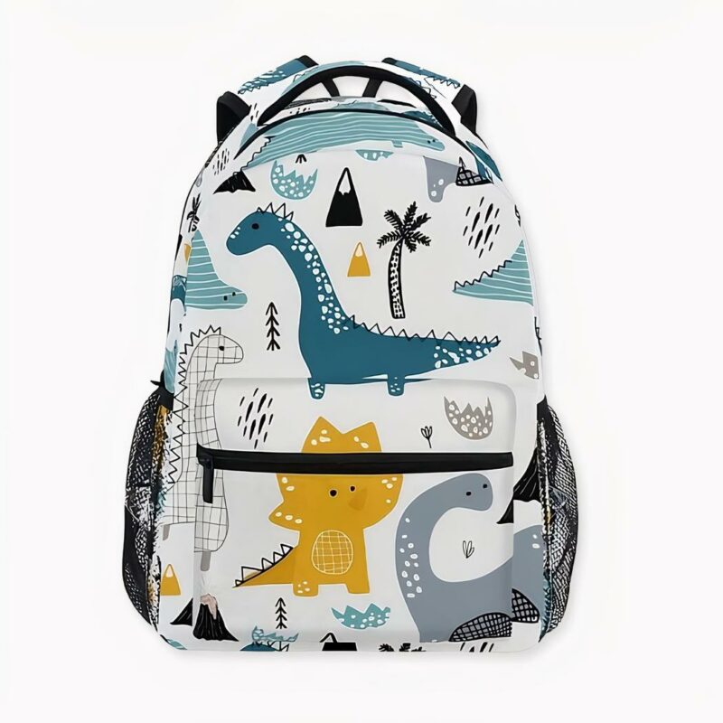 Sac à dos ergonomique dinosaures pour enfants blanc et coloré, bonne qualité et très tendance.