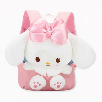 Sac à dos rose pour petite file avec peluche intégrée de petit lapin blanc. Bonne qualité et très à la mode.