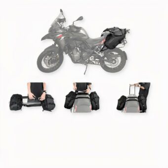 Sac à dos de moto 28l étanche universel installé sur une moto et sur fond gris clair.