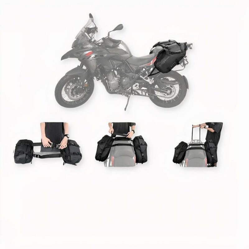 Sac à dos de moto 28l étanche universel installé sur une moto et sur fond gris clair.