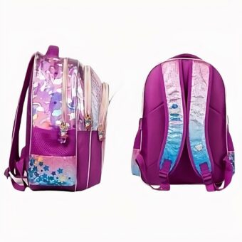 Un cartable licorne pour enfant représenté sur sa face de dos et sa face de profil. Il est rose à paillette avec des touches de bleu.