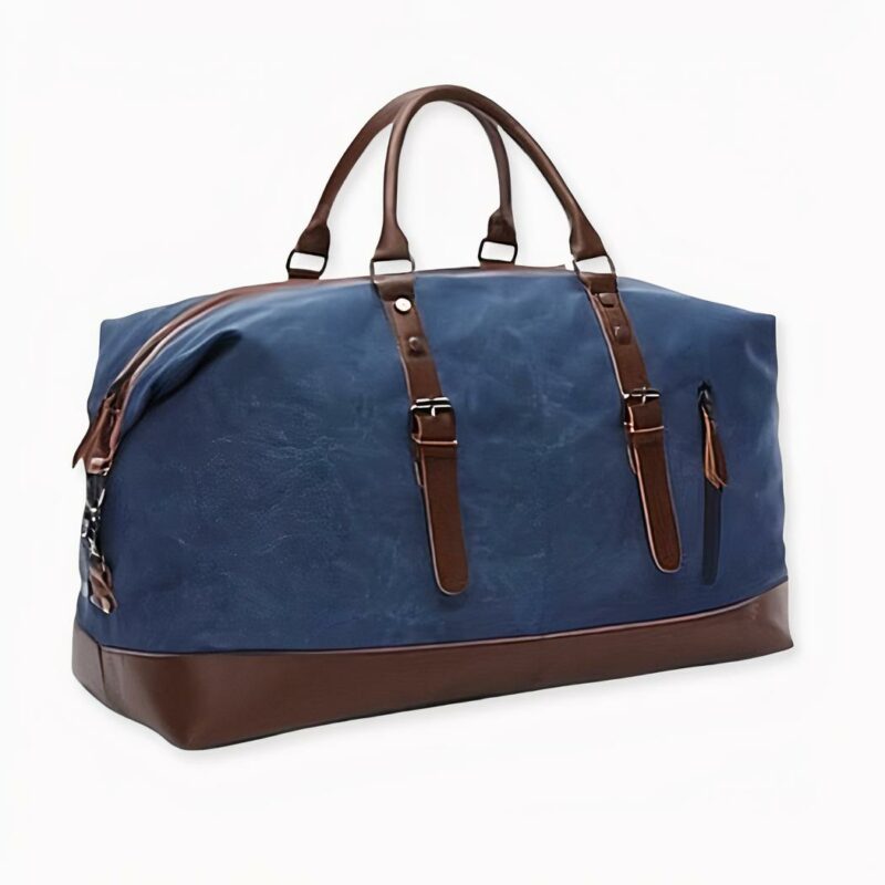 Sac de voyage homme fourre-tout en toile bleu et marron avec un fond blanc