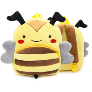 Sac à dos d'écolier en velours en forme d'abeille jaune et marron avec de petites antennes, présenté de face et en arrière plan , le sac est également présenté de dos, où l'on voit les lanières marrons