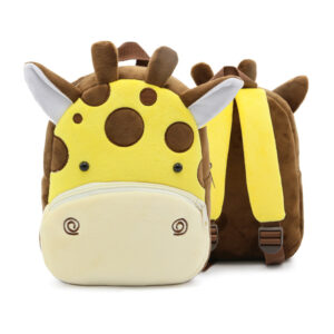 Sac à dos d'écolier en velours en forme de tête de girafe jaune et marron avec de petites cornes, présenté de face et en arrière-plan , le sac est également présenté de dos, où l'on voit les lanières jaunes