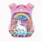 Sac à dos de CP pour enfant, rose, avec une photo de licorne multicolore et un grand arc-en-ciel sur la poche avant. Bonne qualité et très à la mode.