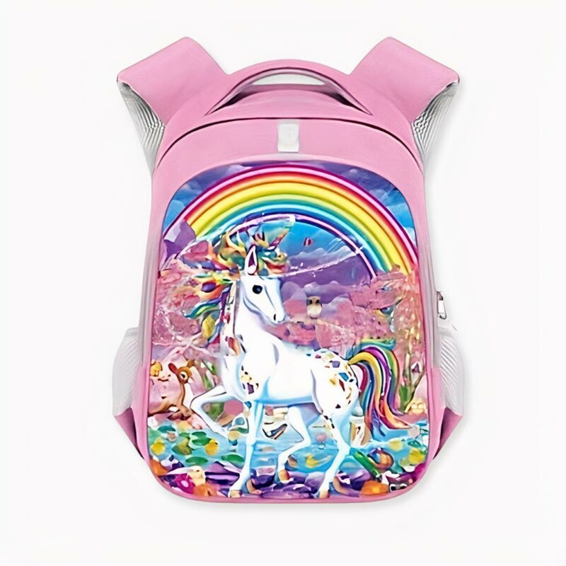 Sac à dos de CP pour enfant, rose, avec une photo de licorne multicolore et un grand arc-en-ciel sur la poche avant. Bonne qualité et très à la mode.