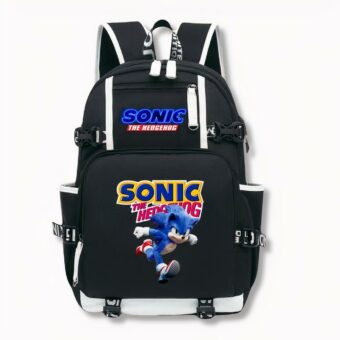 Sac à dos noir à l'effigie du personnage Sonic, avec chargeur intégré, sur fond gris clair